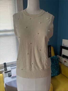 Karl Lagerfeld Pearl-Embellished Cream Knit Tank
